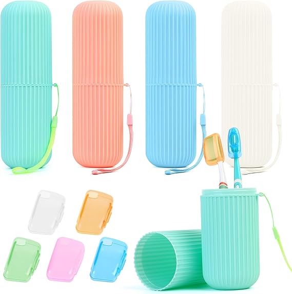 4 Travel Toothbrush Cases with 5 Covers, Portable Toothbrush Holders | Hard-shell holders for toothbrush/toothpaste—vented, hygienic; compact for travel, camping, and business trips.