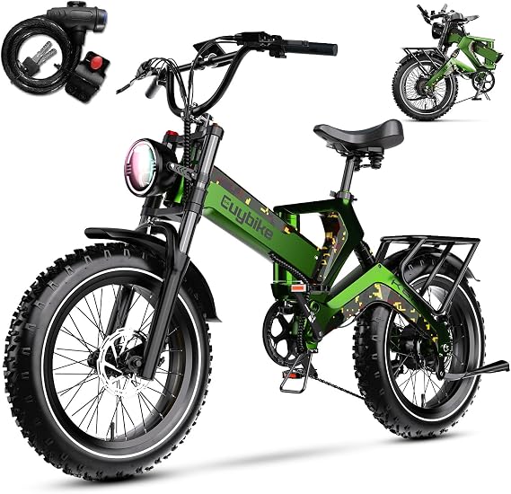 EUYBIKE 2000W Peak Foldable Electric Bike for Adults, 48V 25AH Removable Battery, 20"x4.0" Fat Tires Ebike, 100 Miles Hydraulic Brake Magnesium Alloy Folding Mountain Bicycle Green Green with Lock