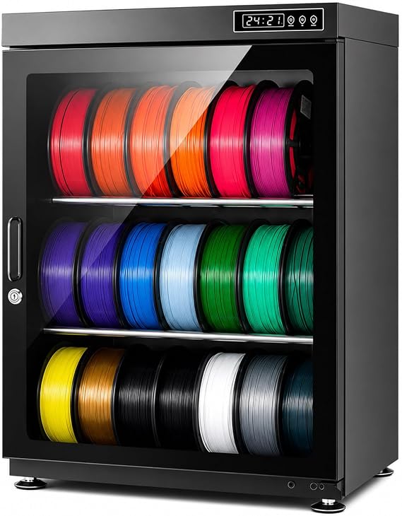 3D Printer Filament Dryer Box,10-18-Spool Airtight Dry Cabinet,Industrial Sealed,w/Auto Humidity Control (RH15%-RH60%), Transparent Glass Door & Aluminum Alloy, for PLA PETG ABS TPU 115L