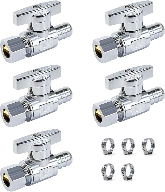 Vintex 1/2 Inch PEX x 3/8 Inch OD Compression PEX Straight Valve 5 Pack, Quarter Turn Water Shut Off Valve, Solid Brass, CVPC