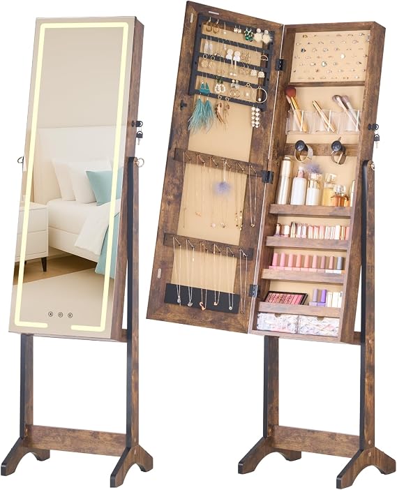 LUXFURNI Standing Jewelry Armoire Cabinet with FullLength Mirror Storage | 3Color LED Lights, 3 Brush Holders, 3 Adjustable Tilt Angles, TruetoView Glass, USBPowered Supply, Lockable Design