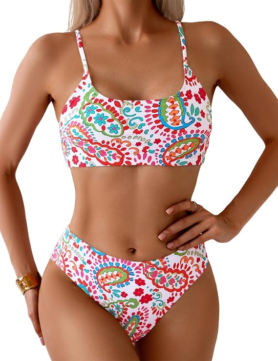 YIMISAN Women's Two Piece Swimsuit Floral Print Bikini Sets Spaghetti Straps Scoop Neck Mid Waist Cheeky Bathing Suit