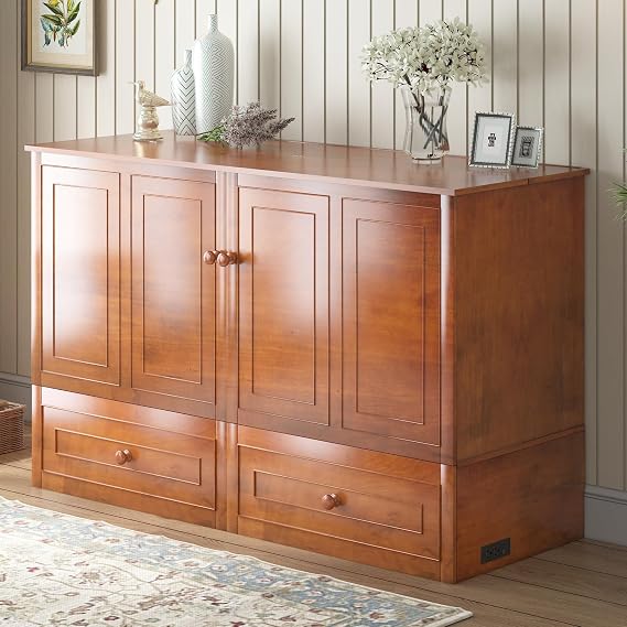 BALUS Murphy Cabinet Bed Queen Size with Tri-Fold Mattress for Bedroom, Modern Adults Guest Room Chest Cabinets Beds with Storage Drawers, Built-in USB Charging Station for Apartment, Cherry