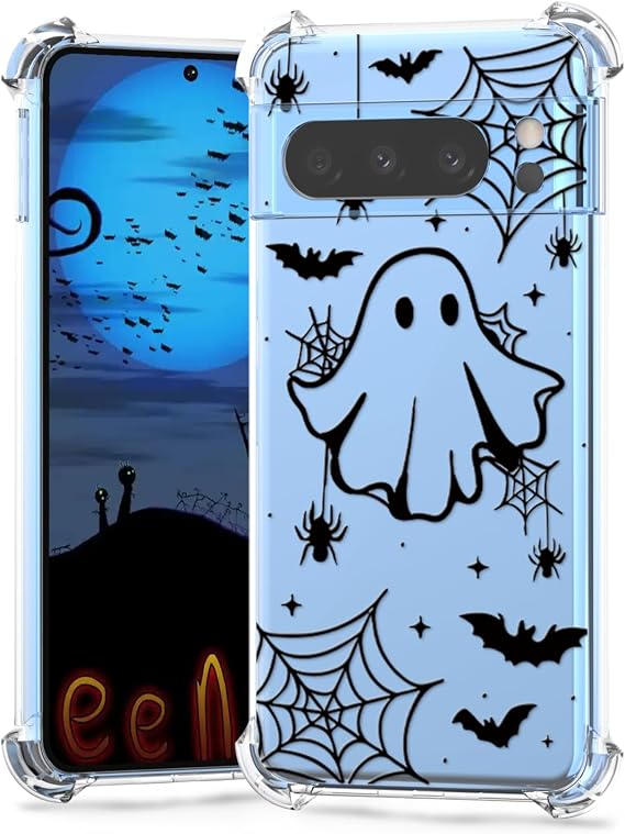 ハロウィンケース Google Pixel 8 Pro用 クリア ゴースト ファッションデザイン、携帯電話カバー ガールズ スタイリッシュ スリム 耐衝撃 バンパー 保護 女性 ハロウィン クモの巣 スマホケース Google Pixel 8 Pro Kids用