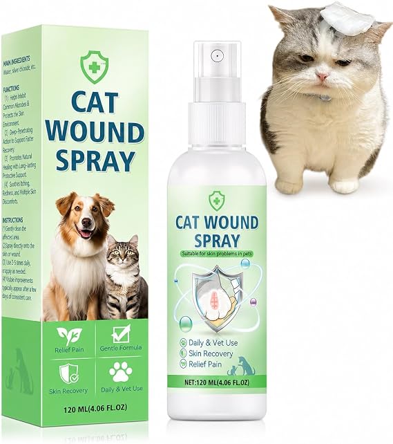 Cat Wound Spray, Wound Care for Cats, Pet Wound Care Formula for Scratching Irritation Bites Burns Redness, Supports Skin Comfort and Recovery for Kittens, Adult Cats, Pets, 120ml