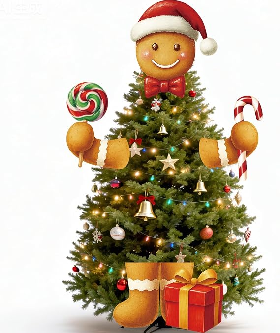 Gingerbread Christmas Tree Topper with Head Arms and Legs, Large Gingerbread Man Christmas Tree Decor Candy Cane Gift Ginger Bread Xmas Decor for Funny Xmas Holiday Home Party