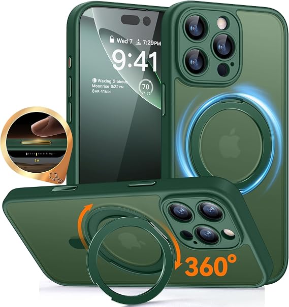 CANSHN 360 Spin Magnetic Stand for iPhone 16 Pro Case, Deep Green | Camera Control Button, Full Camera Protection, Compatible with MagSafe, Translucent Matte, Military Shockproof Protection