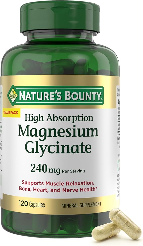 Natures Bounty High Absorption Magnesium Glycinate 240 mg for Supporting Muscle Relaxation and Bone, Heart & Nerve Health Non-GMO, Gluten-Free, Vegetarian, 120 Count/60 Servings