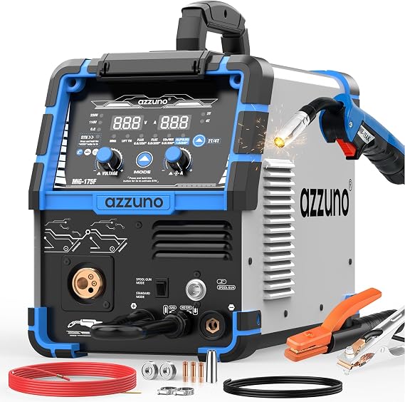 AZZUNO Single PULSE MIG Welder Machine 175A 110V/220V 6-in-1 Spool Gun Fit | 6-in-1 Multiprocess Welding Machine with PULSE Aluminum MIG/Flux MIG/Gas MIG/Spool Gun Compatible/Stick/Lift TIG