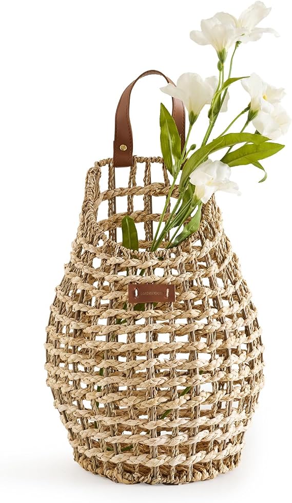 Woven Front Door Basket Water Hyacinth Wall Hanging Basket Decorative Boho Mounted Organizer for Dried Flower Plants Storage Basket for Garden, Home, and Farmhouse Decor (B_Corn Husk)
