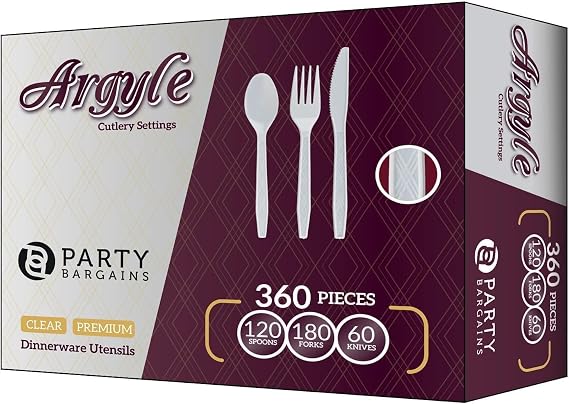 PARTY BARGAINS Argyle White Plastic Cutlery Set 360-Piece 180 Forks, 120 Spoons, 60 Knives Heavy-Duty Disposable Utensils for Parties, Weddings, Buffets, BBQs & Catering BPA Free
