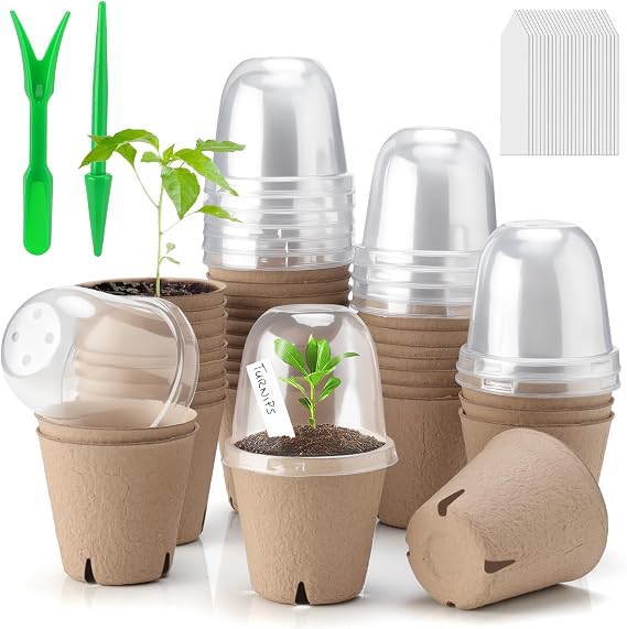 Baxrou 36 Set 3.15 Inch Peat Pots Plant Starters for Seedling with Humidity Dome,Herb Seed Starter Pots Kits, Garden Germination Nursery Pot wit 36 Plant Labels, 2 Transplant Tools.