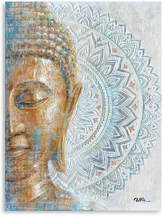 Gold Buddha Canvas Wall Art: 3D Textured Mandala Flower Blossom Buddha Painting Zen Print Picture on Blue for Yoga Meditation Room Bedroom Framed and Ready to Hang 12"x16"