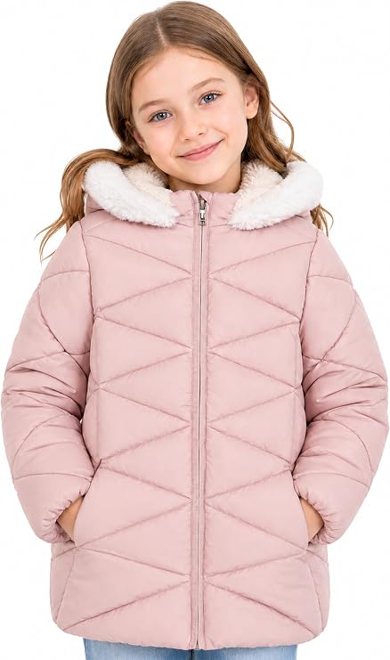 SOLOCOTE Girls Winter Puffer Coat with Sherpa Lined Faux Fur Hood Jacket | 100% Polyester, Water-Resistant, Medium-Length, Elastic Cuffs, Hidden Side Pockets, Chin Guard