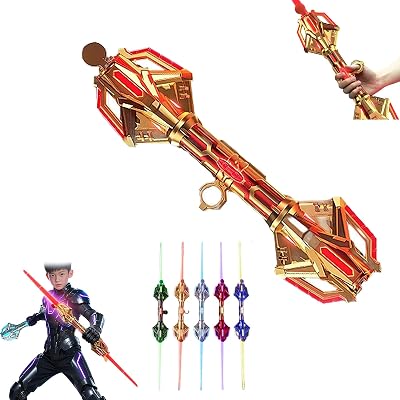 24 Colors Light Up Sword Toy,2 in 1 Dueling Swords RGB Double-Blade with Dynamic Sound Effects & Fingertip Rotation,Retractable Light Swords Christmas Birthday Gifts,LED Glow in The Dark Toy Golden