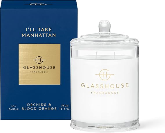 Glasshouse Fragrances I'll Take Manhattan Candle, Triple Scented Natural Soy Wax Blend, 2 Wicks & Glass Jar, 65 Hour Burn Time, Orchids & Blood Orange, 13.4 Oz (380g)