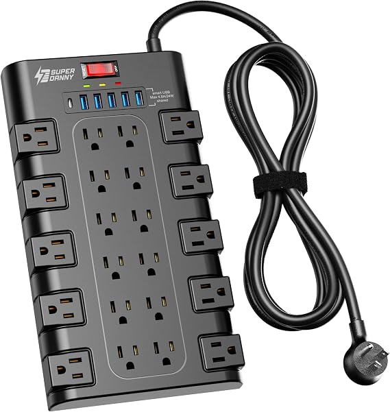 SUPERDANNY Power Strip Surge Protector, 22 AC 6 USB, 2100J, 6.5Ft,1875W/15A