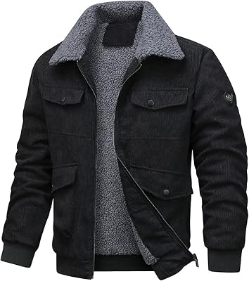 XJYPUU2 Sherpa Lined Corduroy Jacket for Men Winter Warm Faux Fur Collar Coats Thickened Heavyweight Plush Fleece Outwear