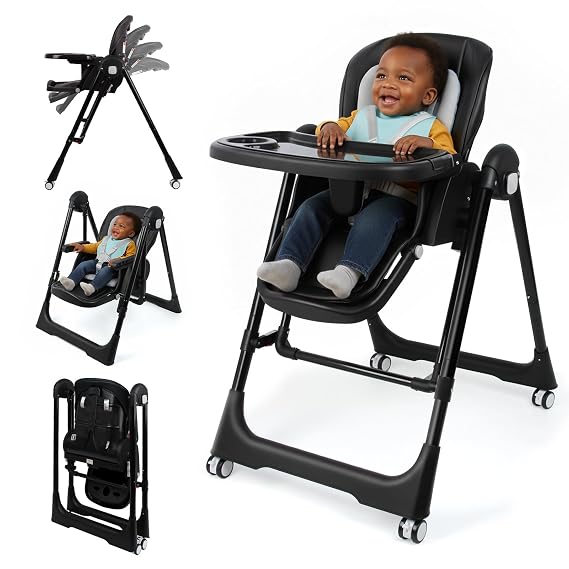 Foldable High Chairs for Babies and Toddlers Convert to Baby Rocker | Convertible with Reclining Seat & Leg Rest, 3-in-1 with Tool-Free Assembly
