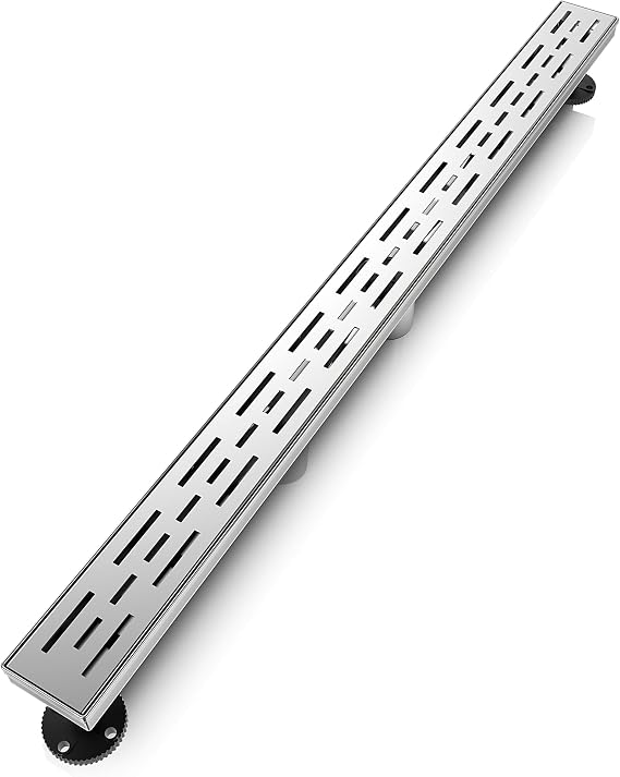 WEBANG 36 Inch Linear Shower Drain Rectangular Floor Drain with Accessories Rainline Pattern Cover Grate Removable SUS304 Stainless Steel CUPC Certified Brushed