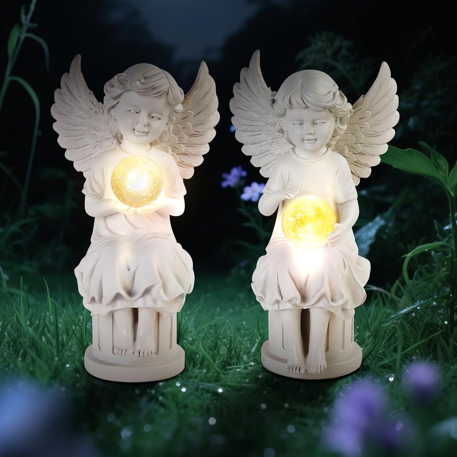 2 Pcs Angel Statue Garden Decor, Outdoor Solar Angel Figurine Decoration, Waterproof Sculpture with Warm Light for Outside,Home, Patio, Yard, Cemetery, Birthday or Valentines Gifts for Women,Mom