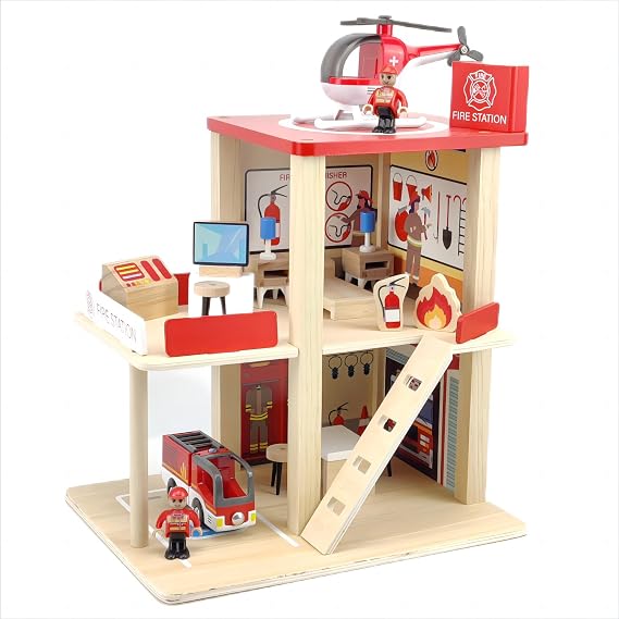 Wooden Fire Station Playset, Kids Pretend Play Dollhouse with Accessories