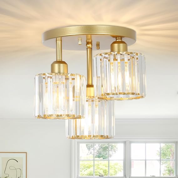 Rayofly Modern Crystal Chandeliers Ceiling Light, 3-Lights Crystal Ceiling Lights Living Room, Gold Ceilings Light with Glass Lampshades, Ceiling Light Fittings for Kitchen, Bathroom, Bedroom, Hallway [Energy Class A]