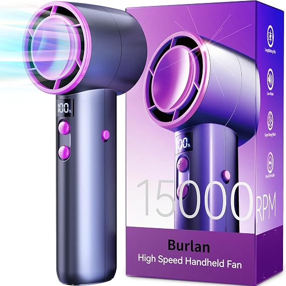 BURLAN Handheld Portable Fan Rechargeable, Personal Hand Held Fan Portable | Battery Display Mini Battery Powered Fan for Indoor Outdoor Camp Travel Office Makeup, 4 Speed Brushless Motor, 15000RPM