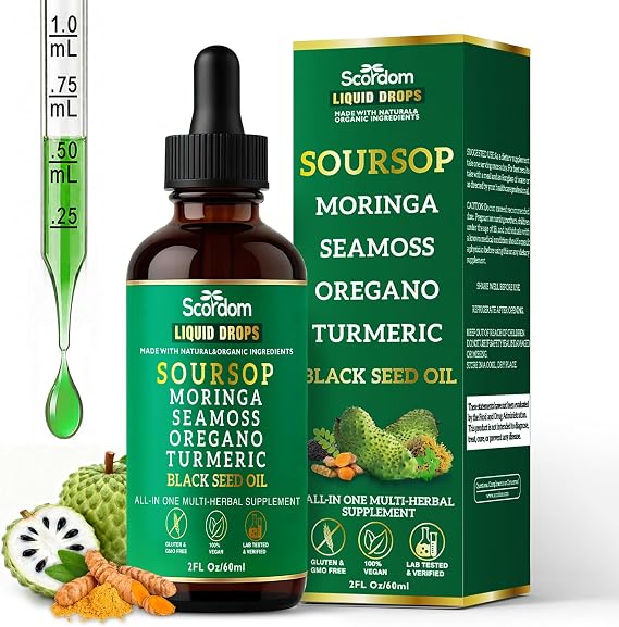 Soursop Bitters Liquid Drops 10-in-1 with Sea Moss, Turmeric, Moringa, Black Seed Oil, Oregano, Ashwagandha & Herbal Extracts - Supports Overall Wellness, Vegan, 60mL/2 Fl Oz