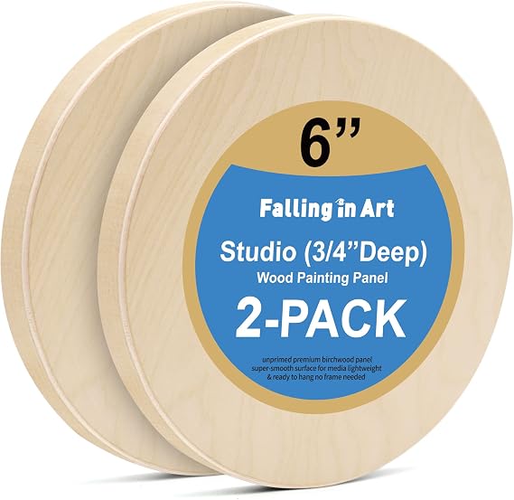 Falling in Art Unfinished Round Birch Wood Panels Kit for Painting, Wooden Canvas 2 Pack of 6 Studio 3/4" Deep, Cradle Boards for Pouring, Art, Crafts, Burning and More