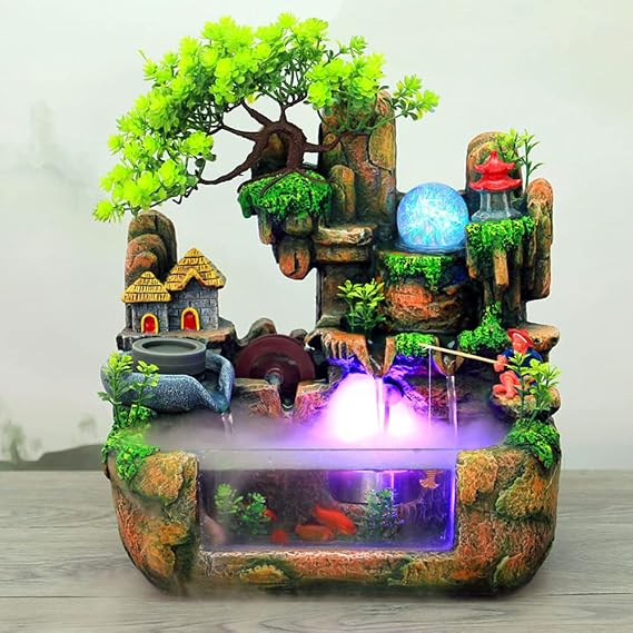 Tabletop Fountain, Mini Silent Indoor Outdoor 12LED Waterfall Fountain Zen Meditation Desktop Simulation Resin Rockery Water Fountain Bonsai Home Decor with Atomizer for Office Bedroom Relaxation