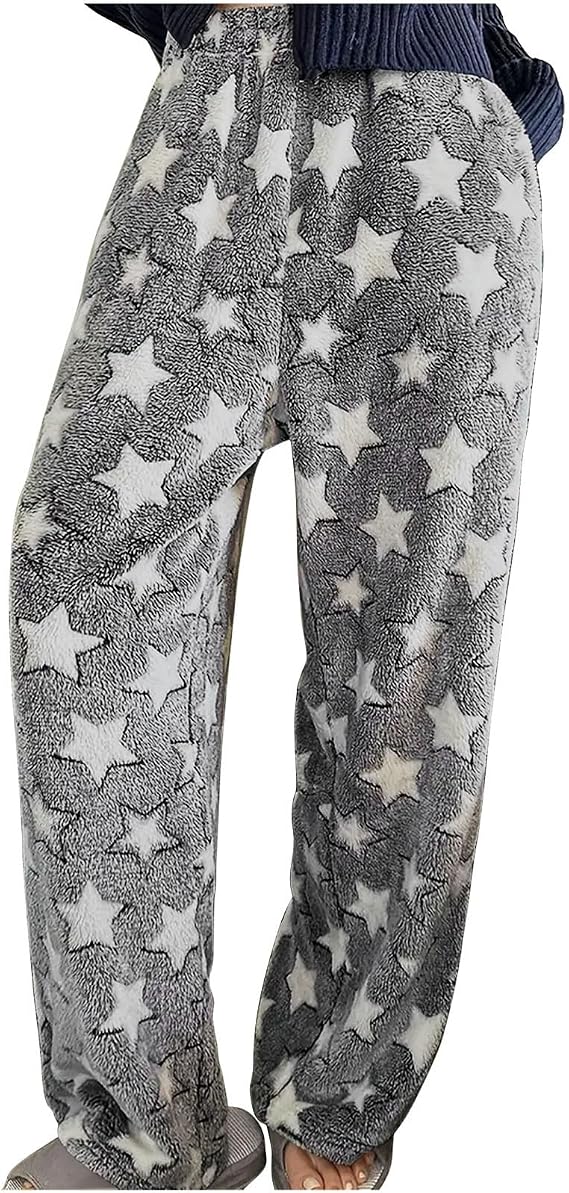 Fuzzy Flush Pajama Pants Women Soft Fluffy Fleece Flannel Pj Bottoms Star Graphic Warm Sleep Loungewear Pant