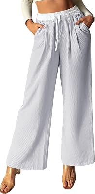 Womens Summer Cotton Pants Palazzo Stripe High Waist Block Long Ankle Wide Straight Leg Trousers Grey M