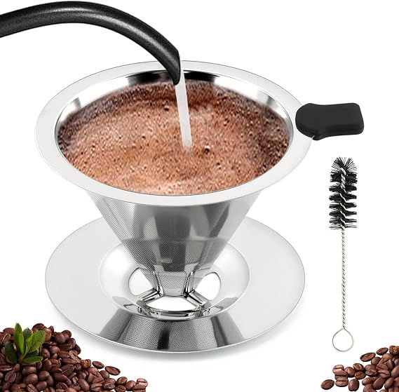 Pour Over Coffee Dripper With Cleaning Brush,Upgraded Double Micro Mesh Filter with Cup Stand,Stainless Steel Coffee Filter,Reusable Pour Over Coffee Maker(1-2cup-160ml)