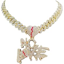 No Love Chain Broken Heart Chain Iced Out Pendant, Iced Out Pendants for Men and Women, Iced Out Chain, Hip Hop No Love Pendant Necklace Chain Width 15mm Cuban Chain