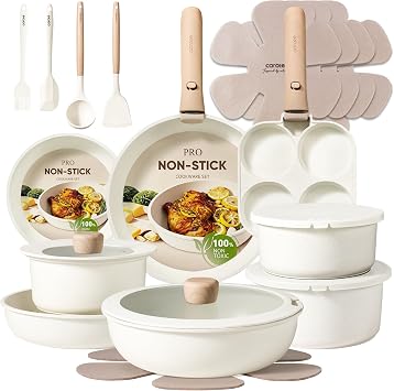 CAROTE Pots and Pans Set Non Stick, Cookware Sets, Kitchen Set, Oven/Dishwasher/Fridge Safe, Space Saving Pots Set, Nonstick Set with Versatile Detachable Handle, Induction RV Set, Cream