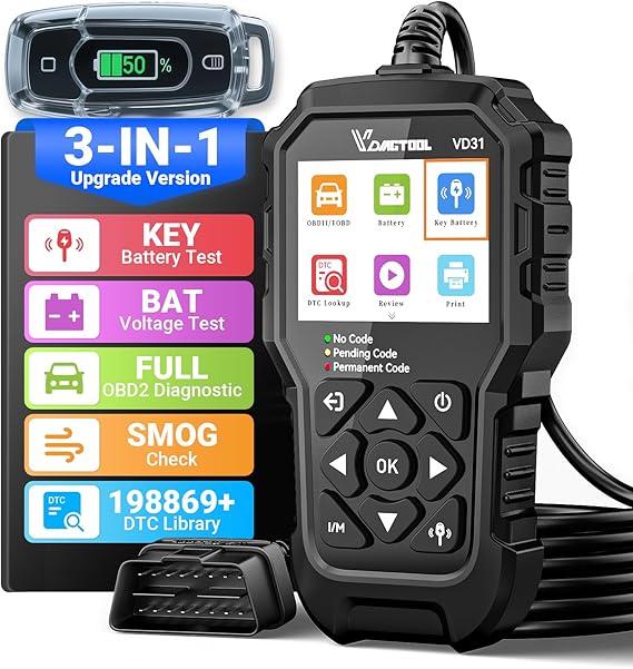 VDIAGTOOL VD31 Enhanced OBD2 Scanner, 3-in-1 Check Engine Code Reader, OBD2 Scanner Diagnostic Tool with Car Battery Tester & Car Key Battery Tester, Car Code Reader for Cars and Trucks All Cars 1996+