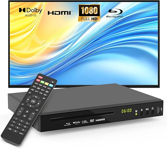 Blu-ray DVD Player Full HD 1080p with Dolby Digital, TrueHD and DTS Audio | DVD Upscaling, Region A Blu-ray & Region 1 DVD Support, 128GB USB Playback, NTSC/PAL, HDMI AV Coaxial Output, Cable Included