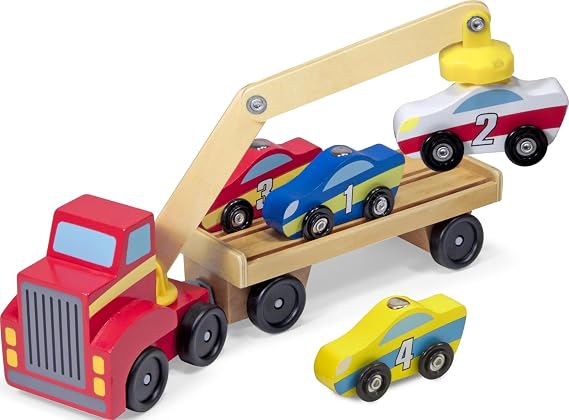 Melissa & Doug Magnetic Car Loader Wooden Toy Set with 4 Cars and Toy Truck - Pretend Play and Race Car Fun for Preschool Toys, Ages 3+