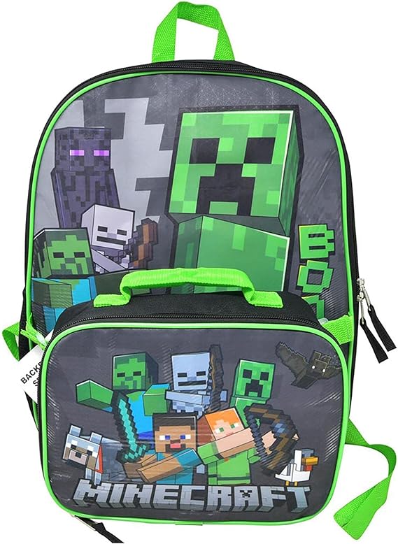 Minecraft Creeper 16 Inch Kids Backpack with Lunch Bag | 16in Large Durable Minecraft Bookbag w/ Insulated Lunch Box - Minecraft School Supplies