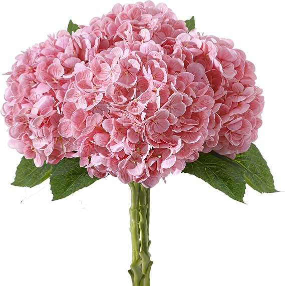 4 Pcs Pink Artificial Hydrangea Flowers with Stems, Faux Bouquet