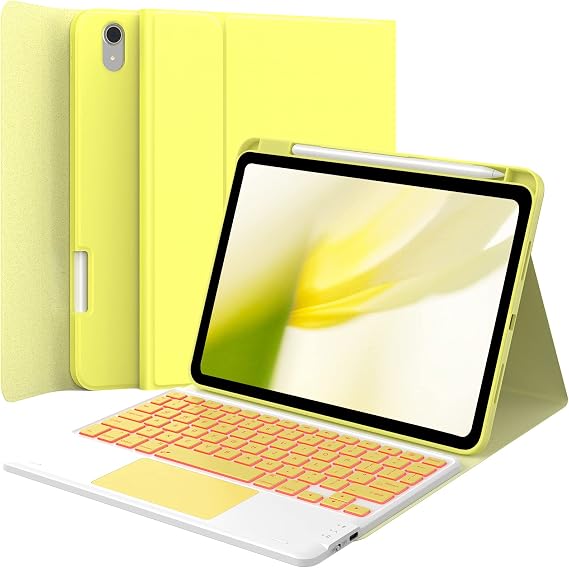 GreenLaw Keyboard Case for iPad 11th Generation(A16,2025) / 10th Generation(2022), Stain-Resistant Cover, 7 Color Backlit, Detachable Keyboard Case with Touchpad and Pencil Holder, Fluorescent Yellow