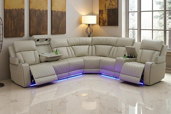 Living Room Furniture Sets,Power Recliner Sofa Set with LED Light,Leather Reclining Sectional Couch, Reclining Corner Couches with Cup Holder/Hidden Storage Console for Apartment(Beige)