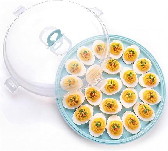 HAKSEN Deviled Egg Platter, Deviled Egg Containers with Lid | Carrier Holder Trayswith 22 Slots, Holiday Party and Home Kitchen, Blue