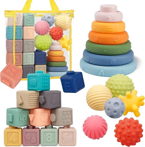 Montessori Baby Toys 18M+, 24pc Stacking Rings, Soft Blocks & Sensory Balls | Food-grade silicone, BPA-free, CPSIA & ASTM F963 tested; 3-in-1 teething play set; gift-ready for baby showers & birthdays