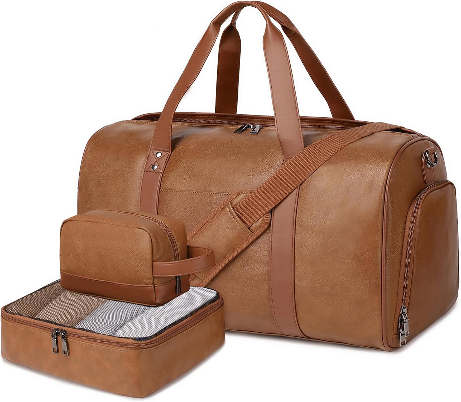 Wogarl 3PCS Weekender Bag for Women Men: Faux Leather Large Overnight Travel Carry On Duffel with Shoe Compartment Toiletry Packing Cube Fit 21" Laptop Light Brown