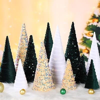 ShinyRelief 12 Pcs 12 10 6 Christmas Velvet Cone Tree Decorations Mini Sequin Xmas Tree Cone Set for Christmas Winter Entryway Mantel Table Centerpiece DecorGreen, White, Gold