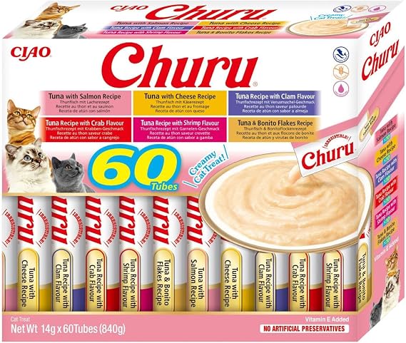 INABA Churu Katzenleckerlis Creamy Snack Schleckies Thunfisch 60 x 14g Variety Box Keine Nebenerzeugnisse Getreidefrei Zuckerfrei Kalorienarm 100% Echtes Fleisch Premium Katzen Leckerlis