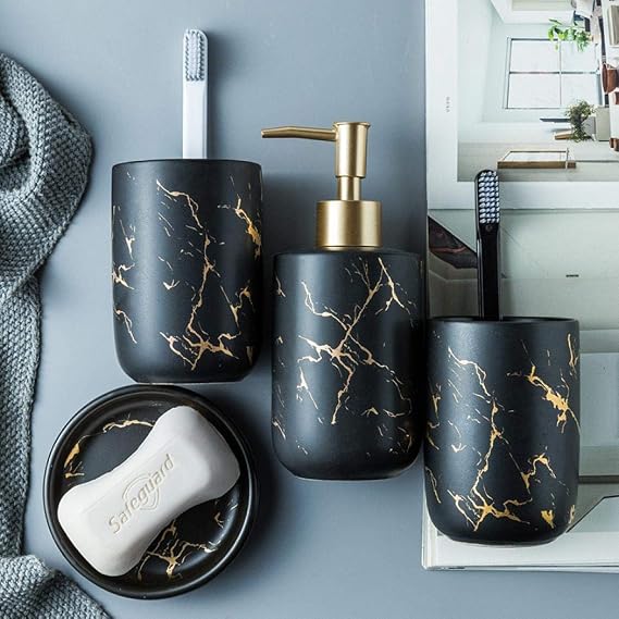 Bathroom Accessory Set Ceramics Bathroom Set Accessories Complete Set Vanity Countertop Accessory Set Includes Soap Dish Lotion Dispenser Tumblers (Black(Four piece))
