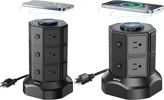 Tower Power Strip with 15W Wireless Charger, SUPERDANNY 1050J Surge Protector Tower 13A Charging Station with 12 AC Outlets & 6 USB Ports (2 USB C), 6.5ft Black Extension Cord for Dorm Essentials